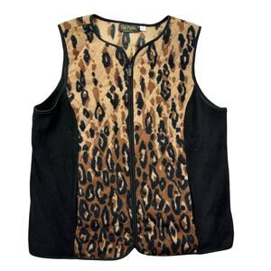 Bob Mackie Vest Womens Large Black Brown Sleeveless Fleece Leopard Print Pockets